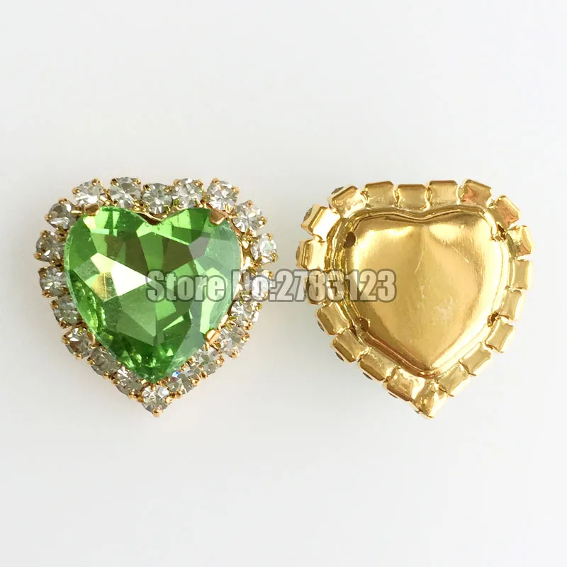 Light green 12mm heart shape Crystal buckle, gold base Glass sew on rhinestones use for diy/clothing accessories SKHJ19