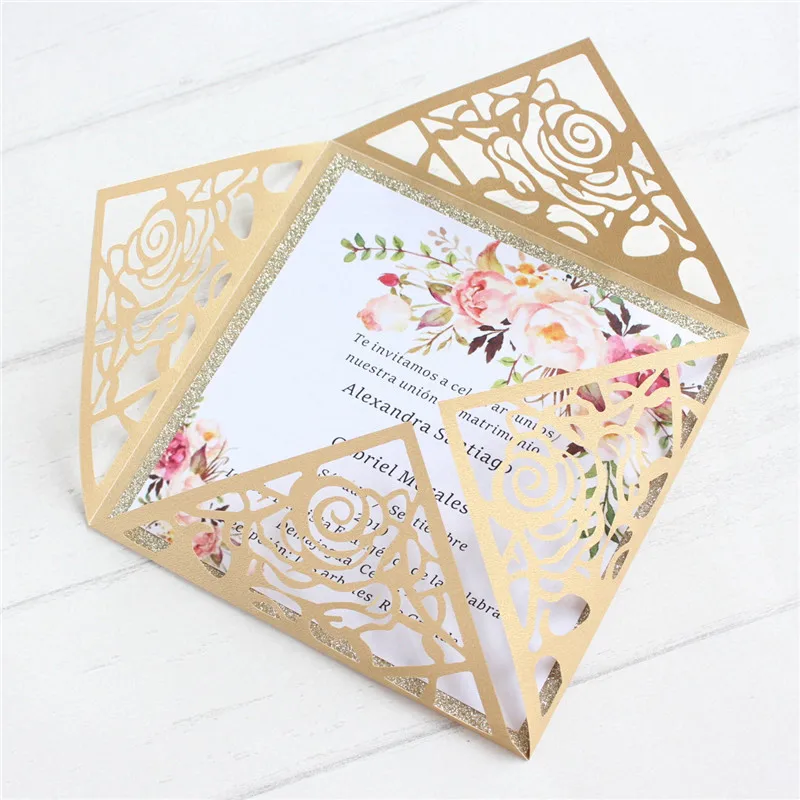 Gold rose laser cut wedding cards personalized printing insert card with glitter liner 50pcs