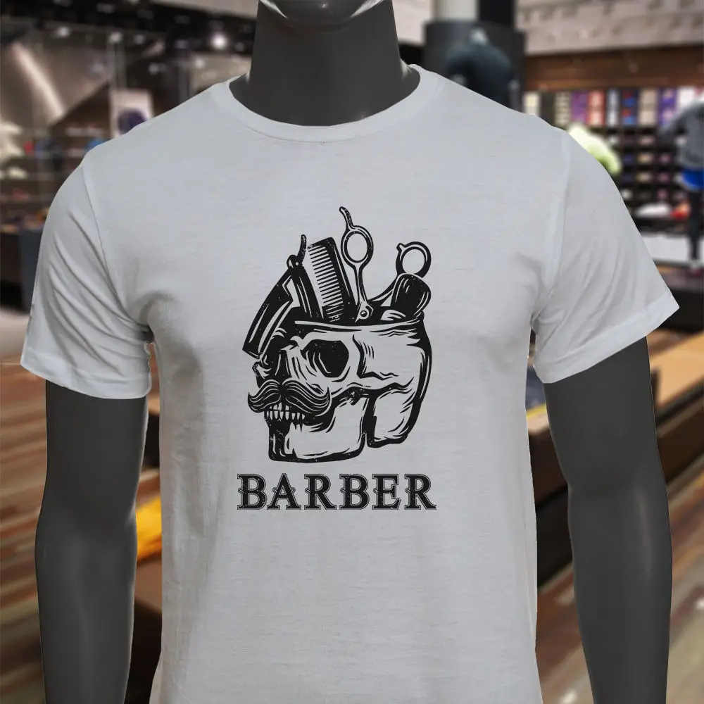 Mens T Shirts Fashion Barber For Life Skull Black Haircut Old School Mens White T-Shirt 100% Cotton  Tee Shirts