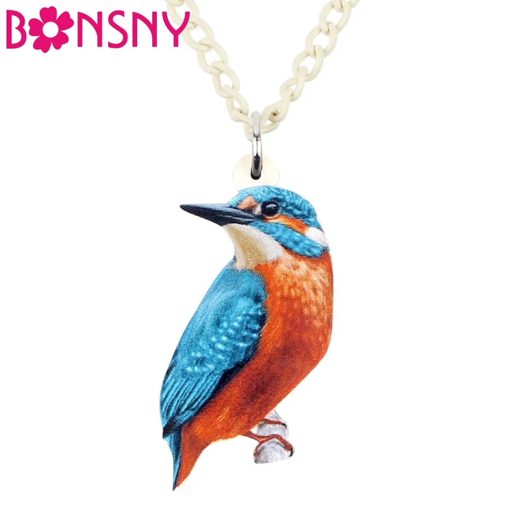 Bonsny Acrylic Alcedo Atthis Kingfisher Bird Necklace Pendant Chain Choker Collar Fashion Animal Jewelry For Women Girls Gift