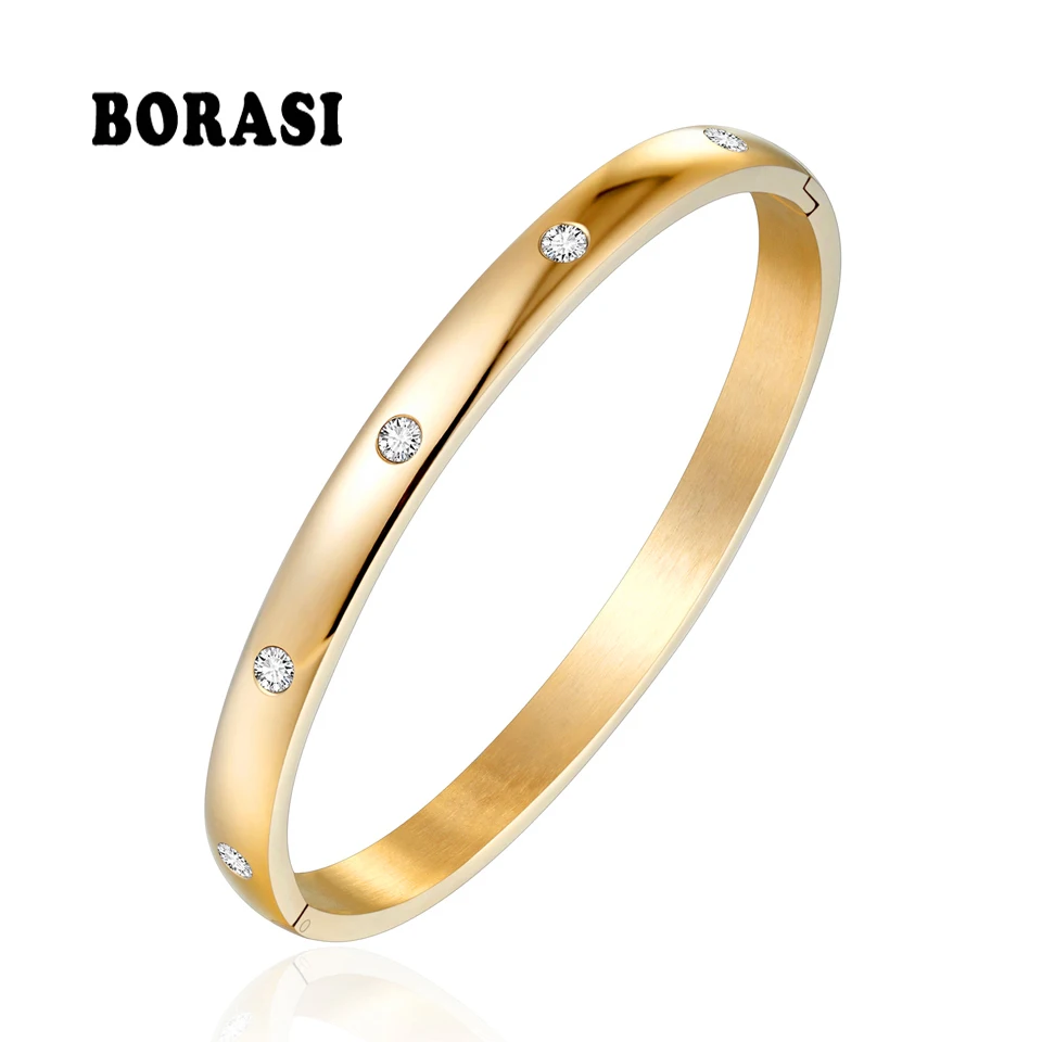 BORASI Classic Round Cubic Zircon Bracelet Gold Color Stainless Steel Bangle Bracelet For Women Bracelets Bangles Wedding Gift