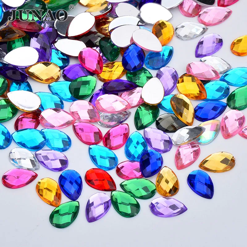 JUNAO 8x13mm 13x18mm Mix Color Crystal Acrylic Drop Rhinestones Glue On Flat Back Gems Non Sewing Strass Crystal for Dress Jewel