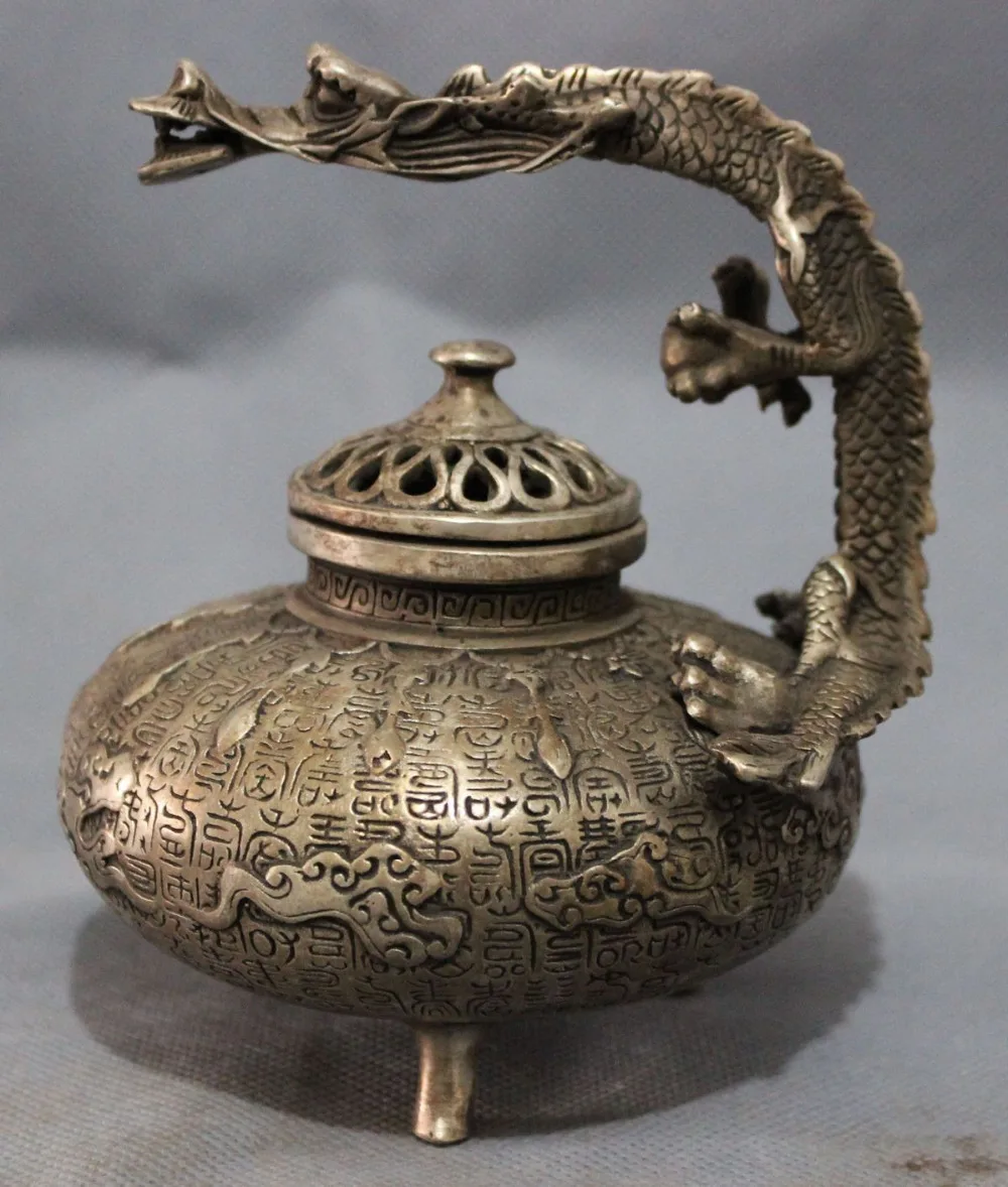 

decoration bronze factory outlets Tibet Silver Tibet Silver Buddhism Fly Dragon Head Statue Old HanZi Box Incense Burner Censer