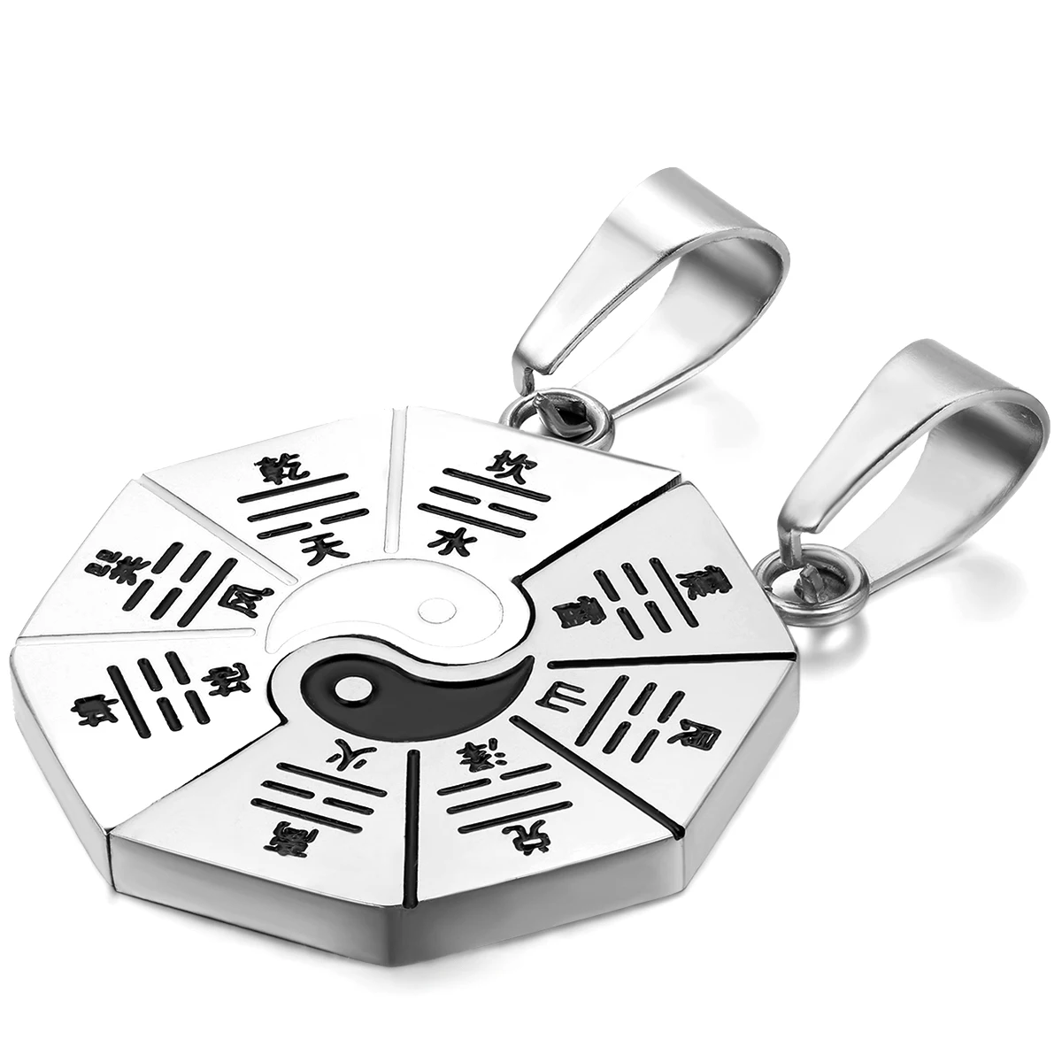 BONISKISS Stainless Steel Chinese Mystical Yin Yang Tai Chi Ba Gua Matching Pendant Gold  Silver Color Black With Chian(Pair)
