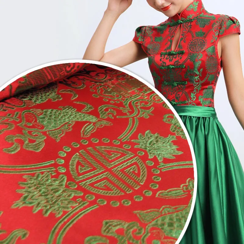 Red/green riches and honour Pisces   traditional Chinese wind silk satin brocade fabric/cheongsam hanfu manually/100CM*75CM