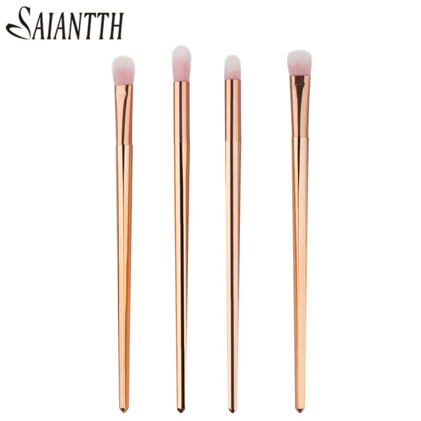 SAIANTTH 4pcs long rose gold eyes Makeup Brushes Set eyebrow Eyeshadow Eyeliner Lip Brush Tool kit Pink white hair maquiagem