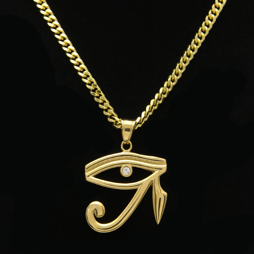 Stainless Steel The Eye Of Horus Charming Pendant Gold Color Ancient Egyptian Necklace Paved CZ Jewelry With 24inch Cuban Chain