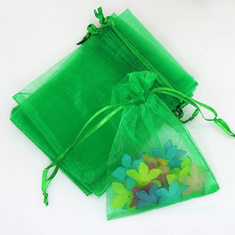 50 peças 17*23cm saco de grama verde organza sacos de presente jóias embalagem sacos de exposição bolsa de cordão para pulseiras/colar mini bolsa de fio