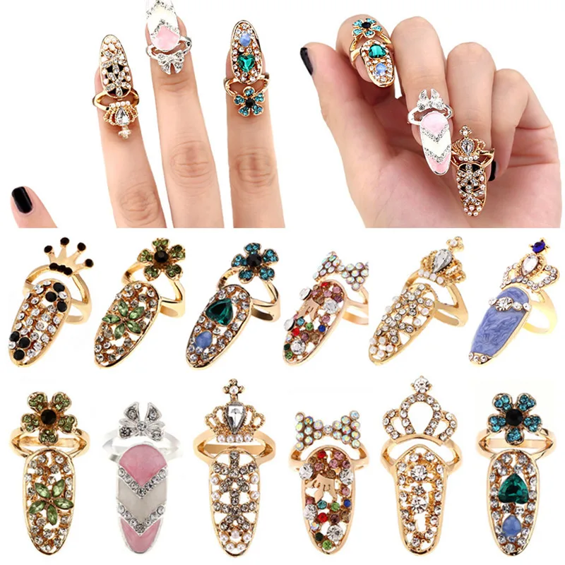 Women Ring Fashion Rhinestone Bowknot Crown Crystal Open Nail Finger Rings Female Personality Fake Nail Art Rings Beauty Jewelry