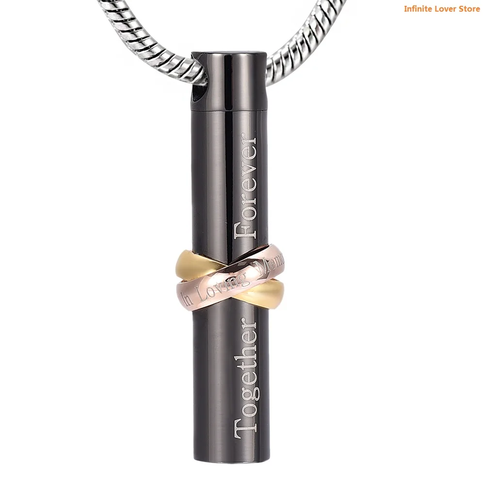 IJD9944 Gun Color Stainless Steel Together Forever Cremation Urn Necklace Memorial Ash Keepsake Cylinder