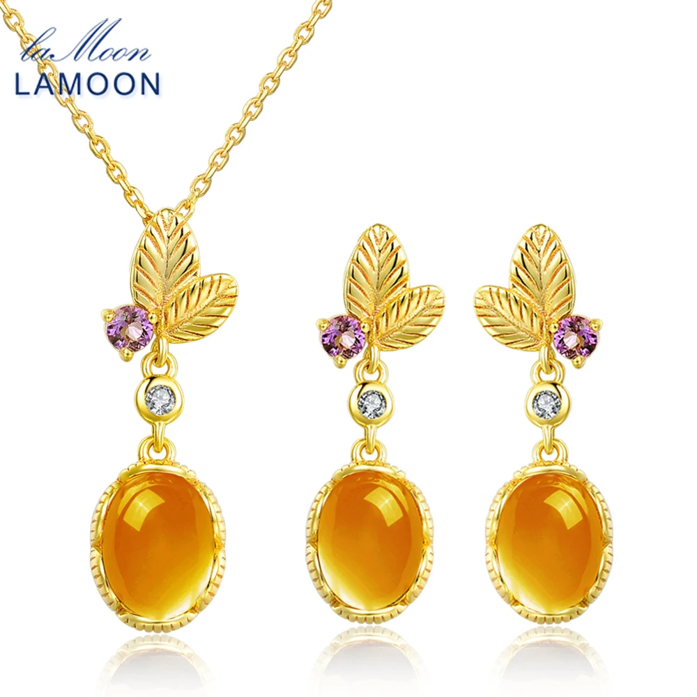 LAMOON Women's Necklace Stud Earrings Set 100% Natural Citrine S925 Sterling Silver Elegant Fine Jewelry Set for Femal V022-2