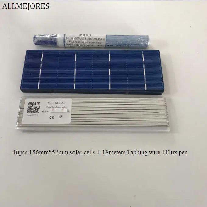 40pcs 156mm*52mm Poly Crystalline Solar cell 1.4W/pcs A Grade for DIY 50W solar panel Give Tabbing wire Flux pen