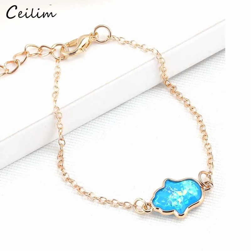 2024 New Blue Opal Hamsa Hand Bracelet for Women Fashion Gold Color Link Chain Fatima Charms Bracelets Friendship Lucky Jewelry