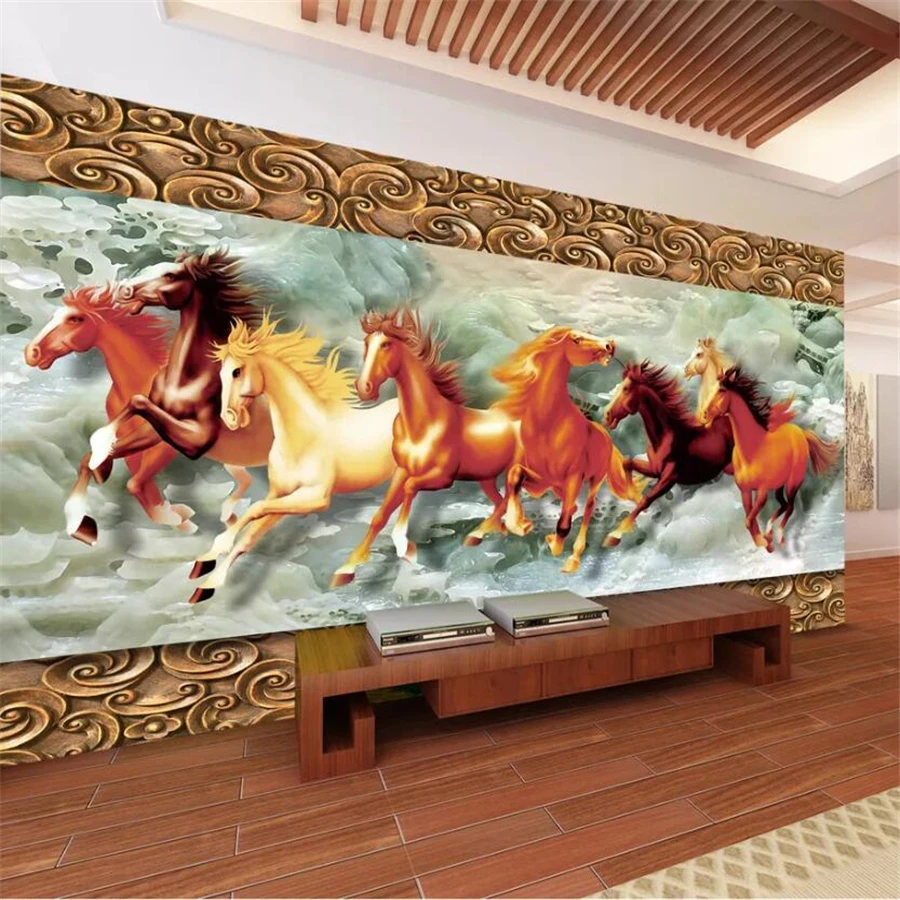 Custom wallpaper 3d murals wood carving eight horses classical style background wall papers home decor papier peint 3d wallpaper