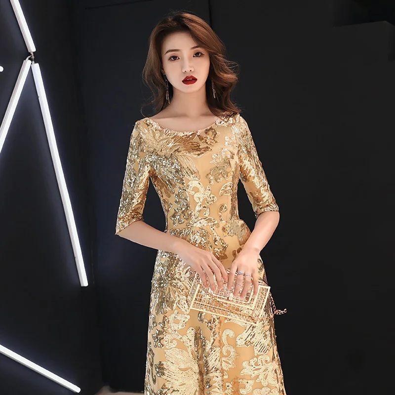 weiyin Gold Evening Dresses 2023 Elegant Sequined Evening Gowns Long Formal Evening Dress Styles Women Prom Party Dresses WY1357