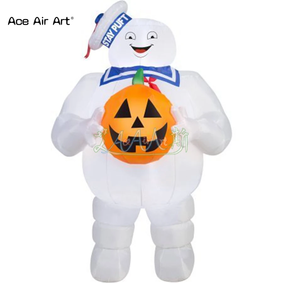 Yard Decoration Inflatable Ghostbuster Stay Puft 3m H Airblown Marshmallow Man with Halloween Pumpkin in Hands for Sale