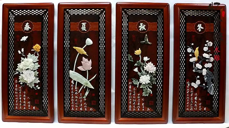 Jade carvings, decorative paintings, four screens, spring and summer, autumn and winter, jade murals, wood carvings, solid woode