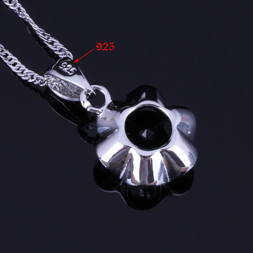 Romantic Round Black Cubic Zirconia Silver Plated Jewelry Sets Earrings Pendant Chain Ring V0982