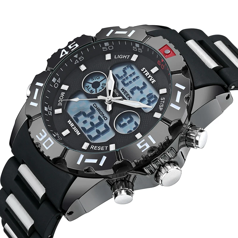 Stryve Mens Watches Top Brand Luxury 30m Waterproof Sports Male Led Clock Military Big Dial Quartz Digital Dual Display Watches