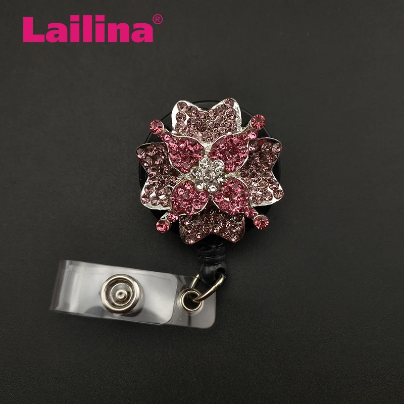 20pcs/lot Pink Pedal Flower Rhinestone Retractable ID Badge Reel Holder