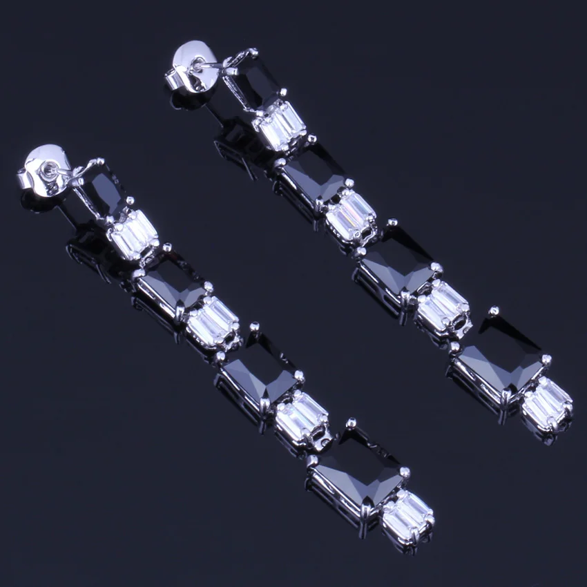 Wonderful Rectangle Black Cubic Zirconia White CZ Silver Plated Drop Dangle Earrings V0203