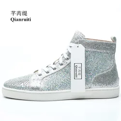 Men Casual Shoes High Top Sneakers Shiny Crystal Sneaker Lace-up Silver Glitter Flat Rhineston Walking Male Shoes