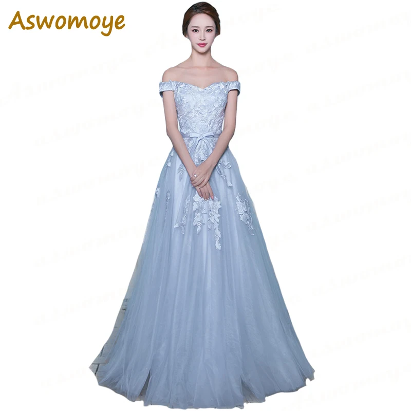 

Aswomoye Elegant Evening Dress 2018 New Appliques Flower Off the Shoulder Party Dress Sweetheart Back Lace Up robe de soiree