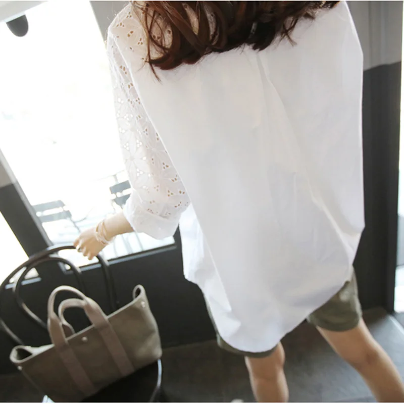 Women White Blouse Shirt Summer High Quality New Large Size Long sleeve Lace Hollowing Leisure Office Womens White Tops