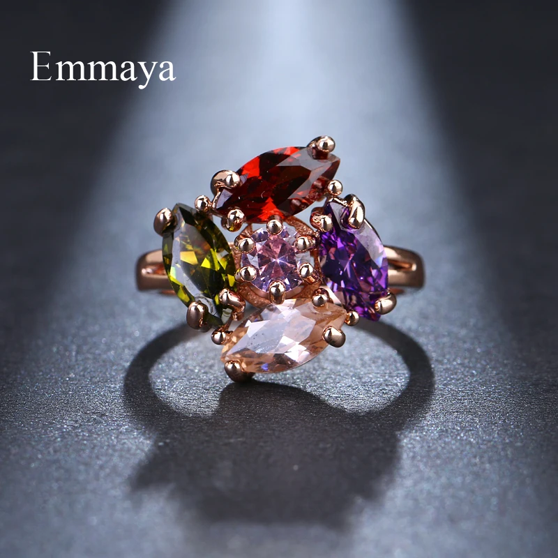 Emmaya Brand Fashion Shiny Romantic Rose Gold Color AAA Multicolor Zircon Jewelry Rings For Women Elegance Wedding Gift Party