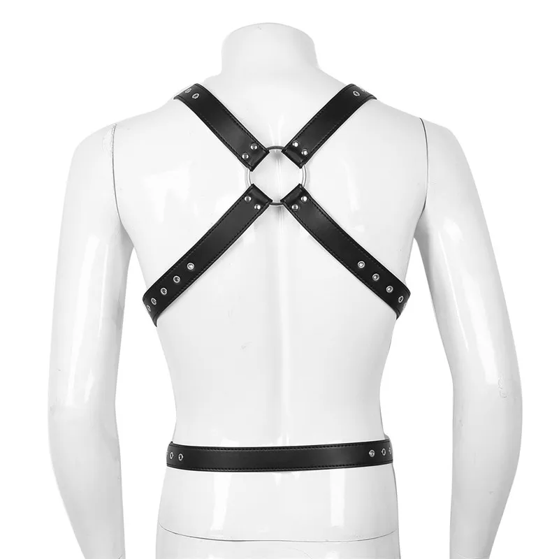 MSemis Men Leather Bondage Full Body Bondage Harness Detachable Strap with O Ring Open Crotch Men Harness Gay Adult Game