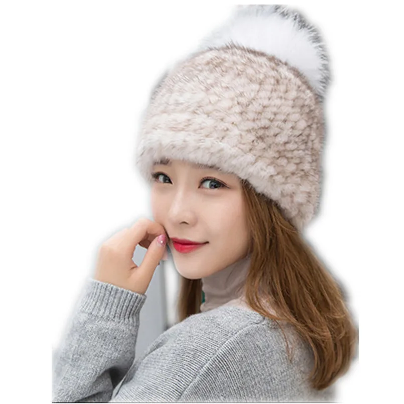 natural fur pompon for hats winter hat for women new design warm natural mink fur beanies ladies white black  hat H289