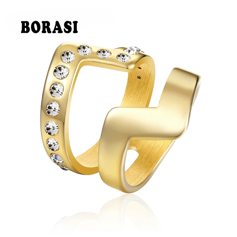 BORASI Vintage Ring Rhombic Crystal Ring Gold-Color 316L Stainless Steel Rings For Female Party Fashion Jewelry Wedding Brands