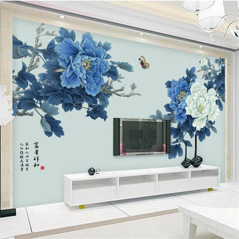 

wellyu papel de parede Custom Wallpaper Rich and auspicious Blue Peony Chinese style TV background wall tapety behang