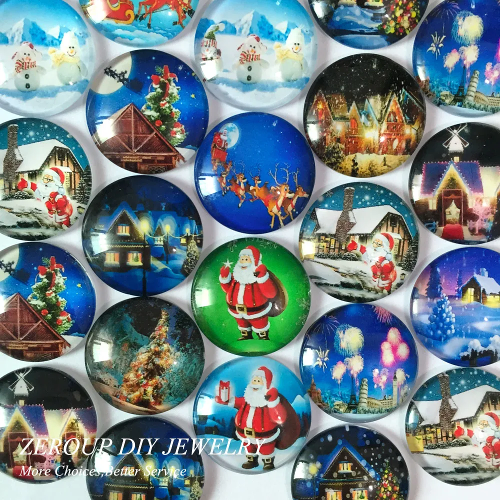 

12mm 20mm Round Glass Cabochon Christmas Pictures Mixed Pattern Fit Cameo Base Setting Jewelry Embellishment TP-113-R