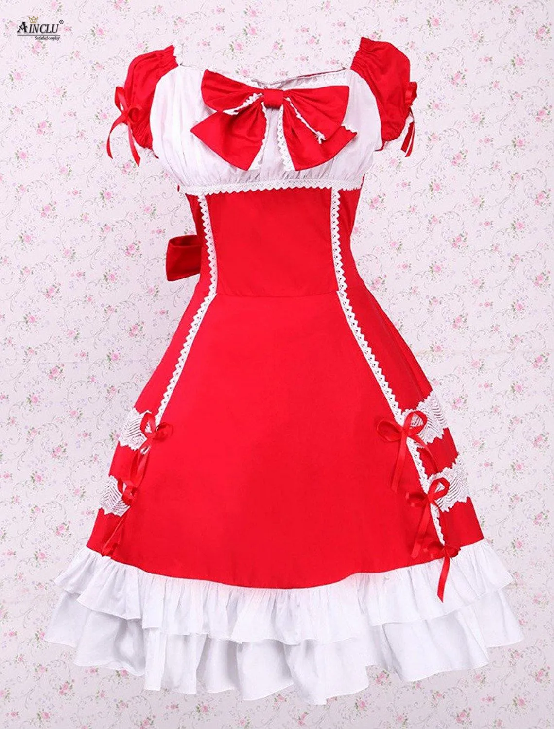 Middle-Long Dress Spring/Summer Ainclu Cotton Red Short Sleeves A-line Bubble Dress Bow Lace Cotton Sweet Lolita Dress for Party