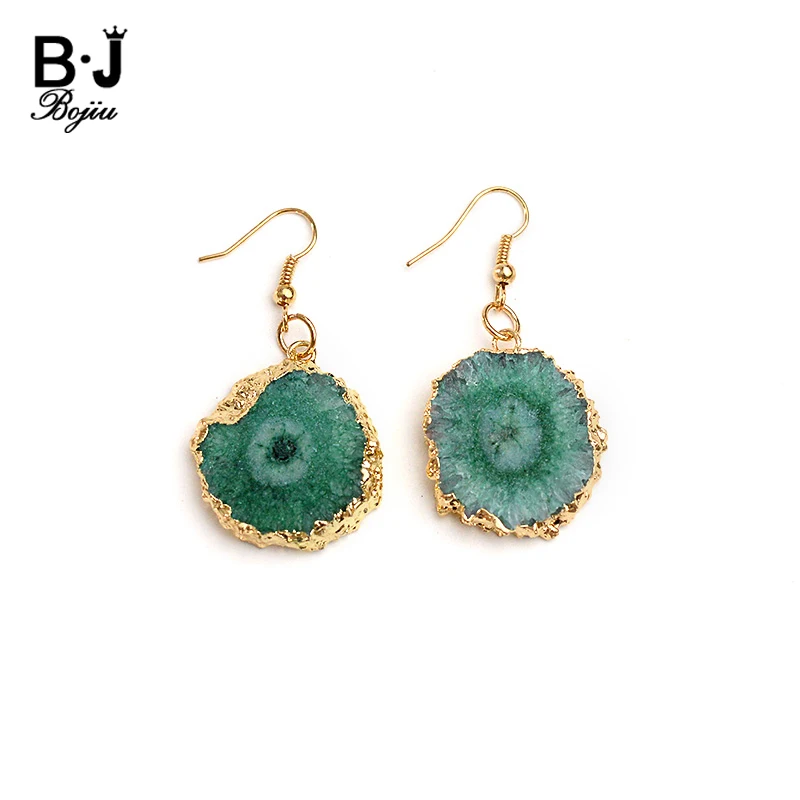 BOJIU Natural Druzy Stone Fish Hook Earrings For Women Trendy Green Purple Blue Drusy Pendant Gold Copper Drop Dangle Ring EA055