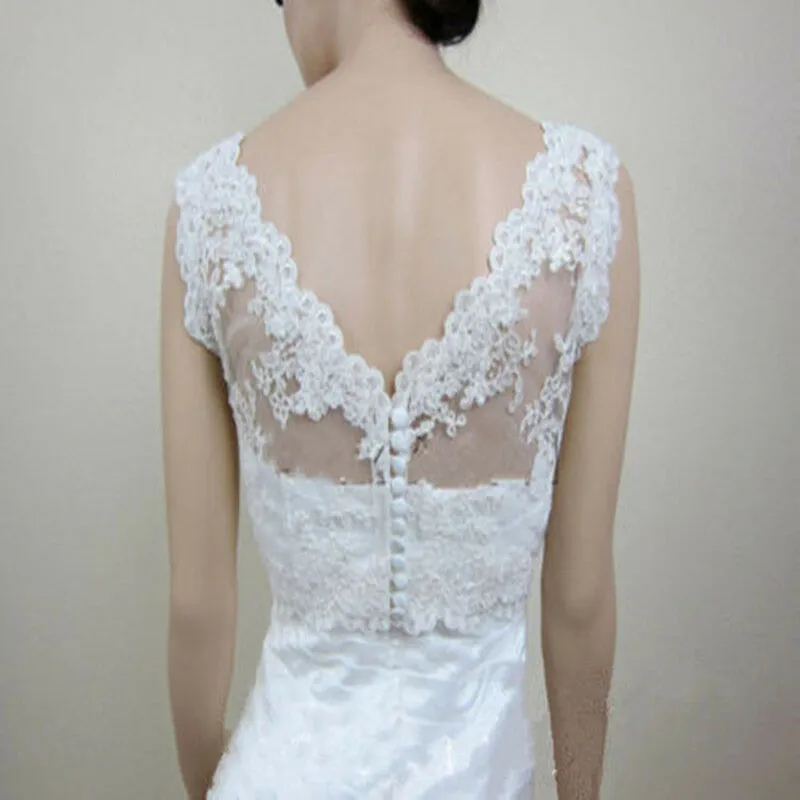 Imagem real simples Lace Applique Casacos De Casamento Nupcial Bolero Branco Marfim V Voltar Envoltório Top Sem Mangas V Pescoço Casaco Personalizado