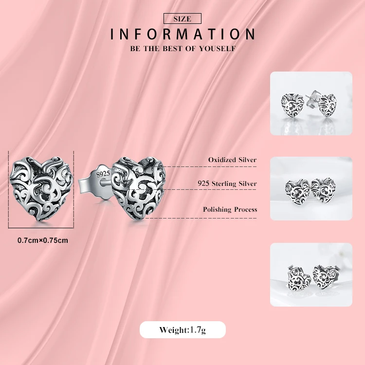 Modian Authentic 925 Sterling Silver Vintage Hearts Line Romantic Stud Earrings For Women Small Charm Fashion Christmas Gift