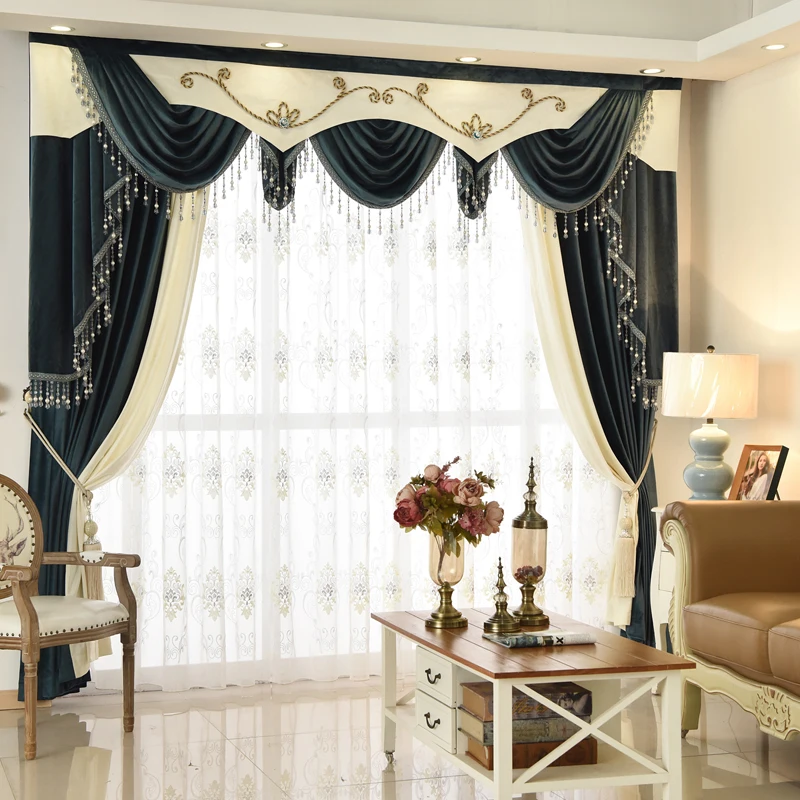 

Custom curtain high class European style thicken shading blue white color Italy velvet cloth blackout curtain valance tulle E916