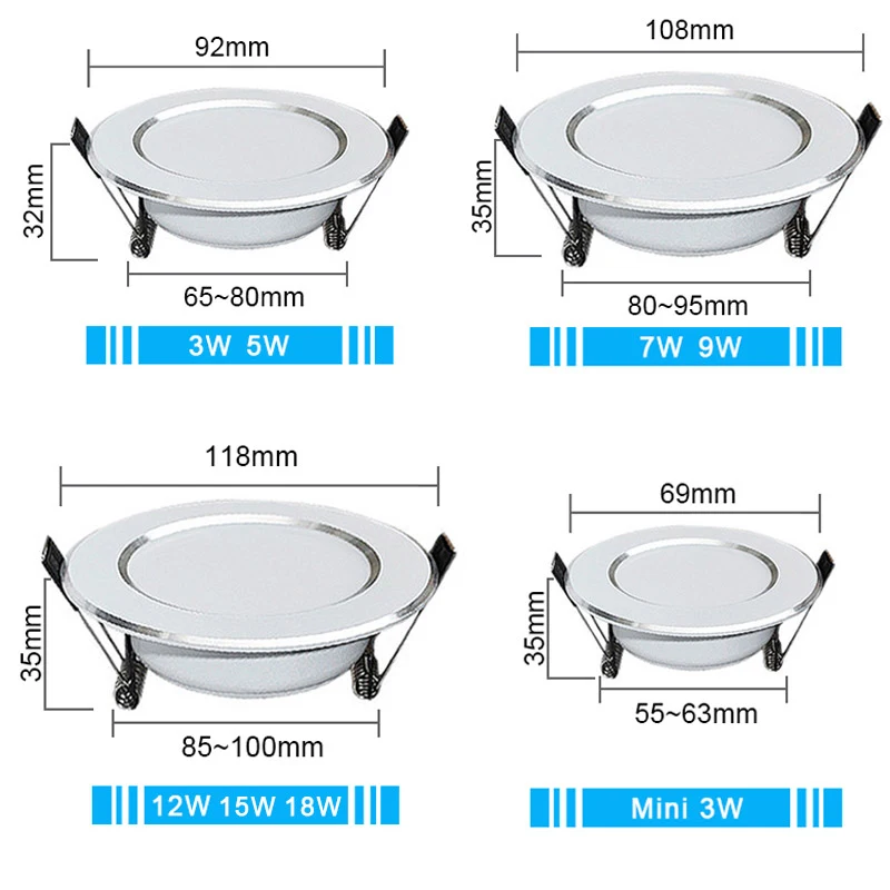 Iluminação interior para casa, 18W, 15W, 12W, 9W, 7W, 5W, 3W, 110V, 220V, LED Downlights com Spot Lamp, 2835 LEDs, 10PCs