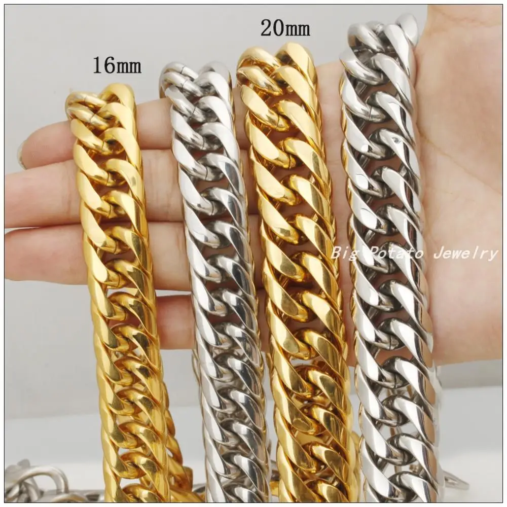 

60cm Length 16mm 20mm Width Fashion Chain 316L Stainless Steel Silver Gold Color Handmade Necklaces For Men Boy,Good Gift