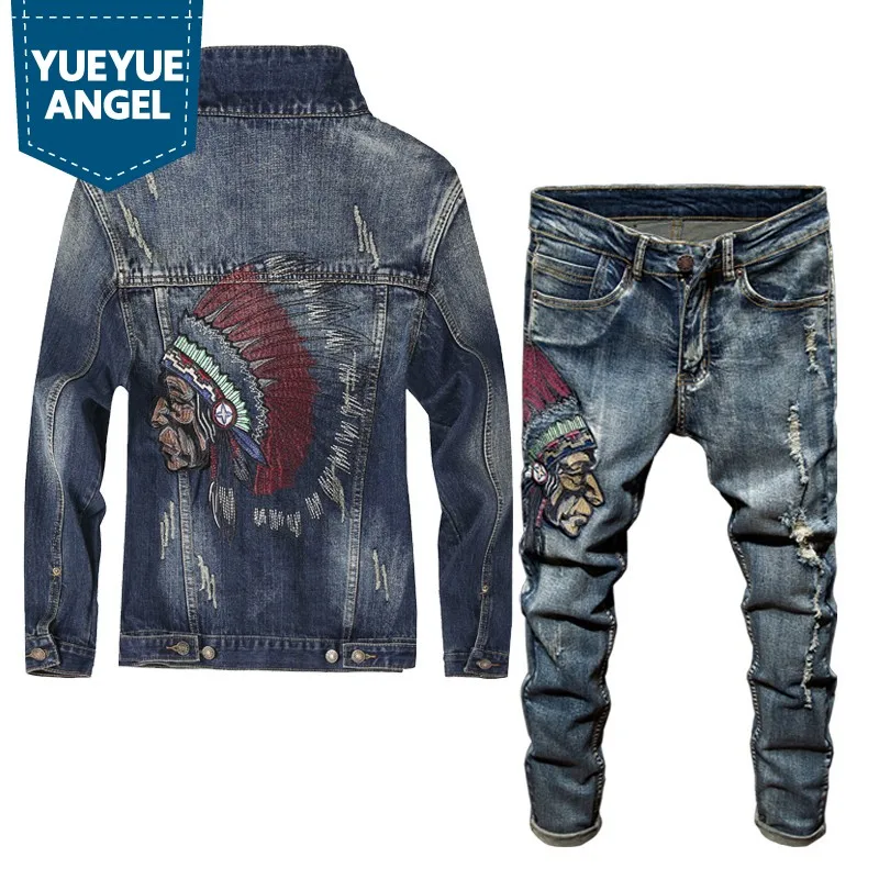 Spring Newest Fashion Men\'s Sets Vintage Embroidery Punk Style Long Sleeve Campera Hombre Hole Ripped Denim Pants Man Suit