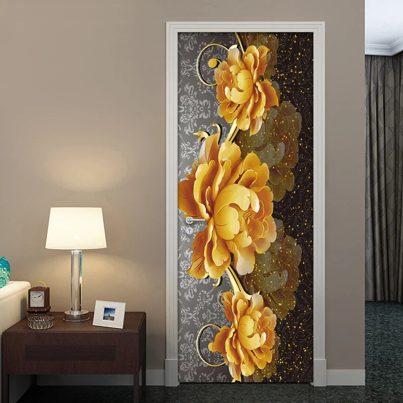 

Golden Flowers 3D Living Room Door Sticker Mural PVC Self-adhesive Waterproof Wallpaper Art Wall Decals Door Stickers Home Decor