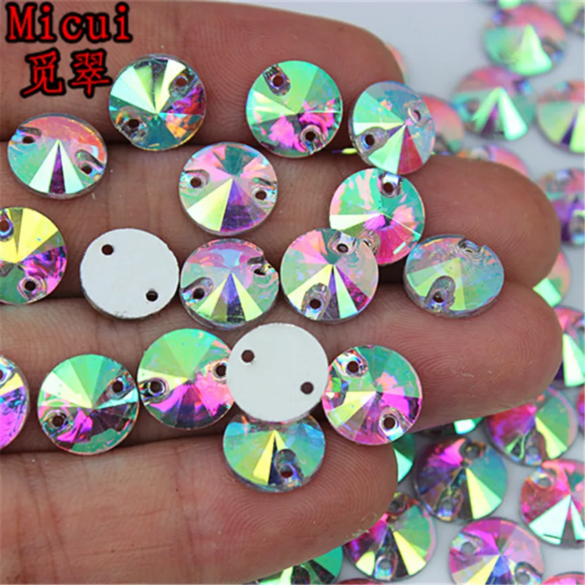 Micui 200-50pcs 8 10 12 14mm Round Sew On Crystal AB Resin Flatback Rhinestone Crystal Stones With 2 Holes for DIY Crafts MC300