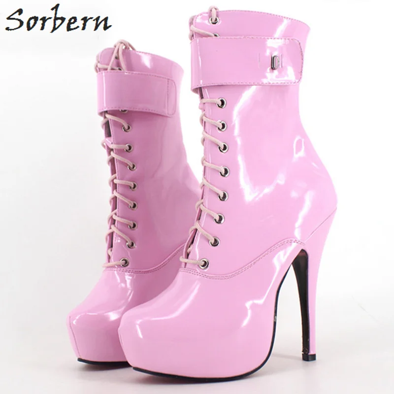 

Sorbern 2018 Sexy 15CM High Hhin+4CM Platform Woman Boots Lace Up Ankle Short Shoes For Woman Padlocks Boots