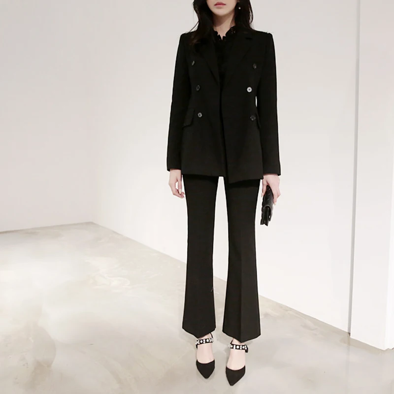 Spring and Autumn Slim Korean double-breasted small suit micro bell pants casual fashion suit office OL women's two-piece suit