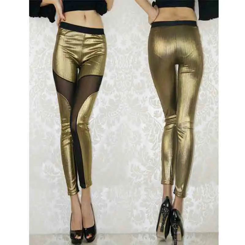 2019 Legins Spring Mesh Splicing Shiny Leggings Gold Silver Punk Rock Sexy Leggings Women Club Wear Skinny Pants