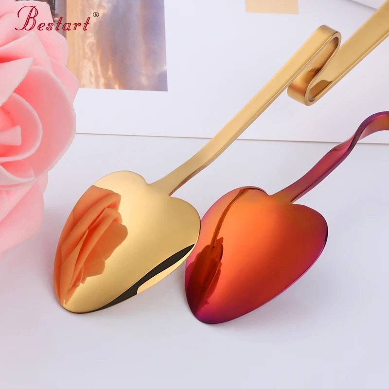 4PCS Coffee Spoon Honey Shape Creative Tea/Coffee Cup Hanging Spoons Set 304 Stainless Steel Rose Gold Heart Teaspoon Tableware