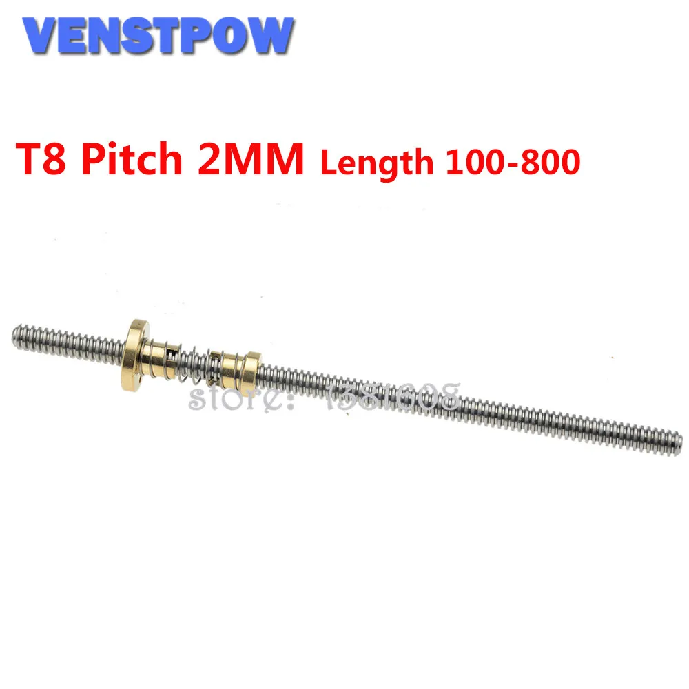 1SET Length 100 to 800 Pitch 2MM Lead 2MM T8 Guide with Anti-backlash Spring loaded Nut for CNC 3D Printer