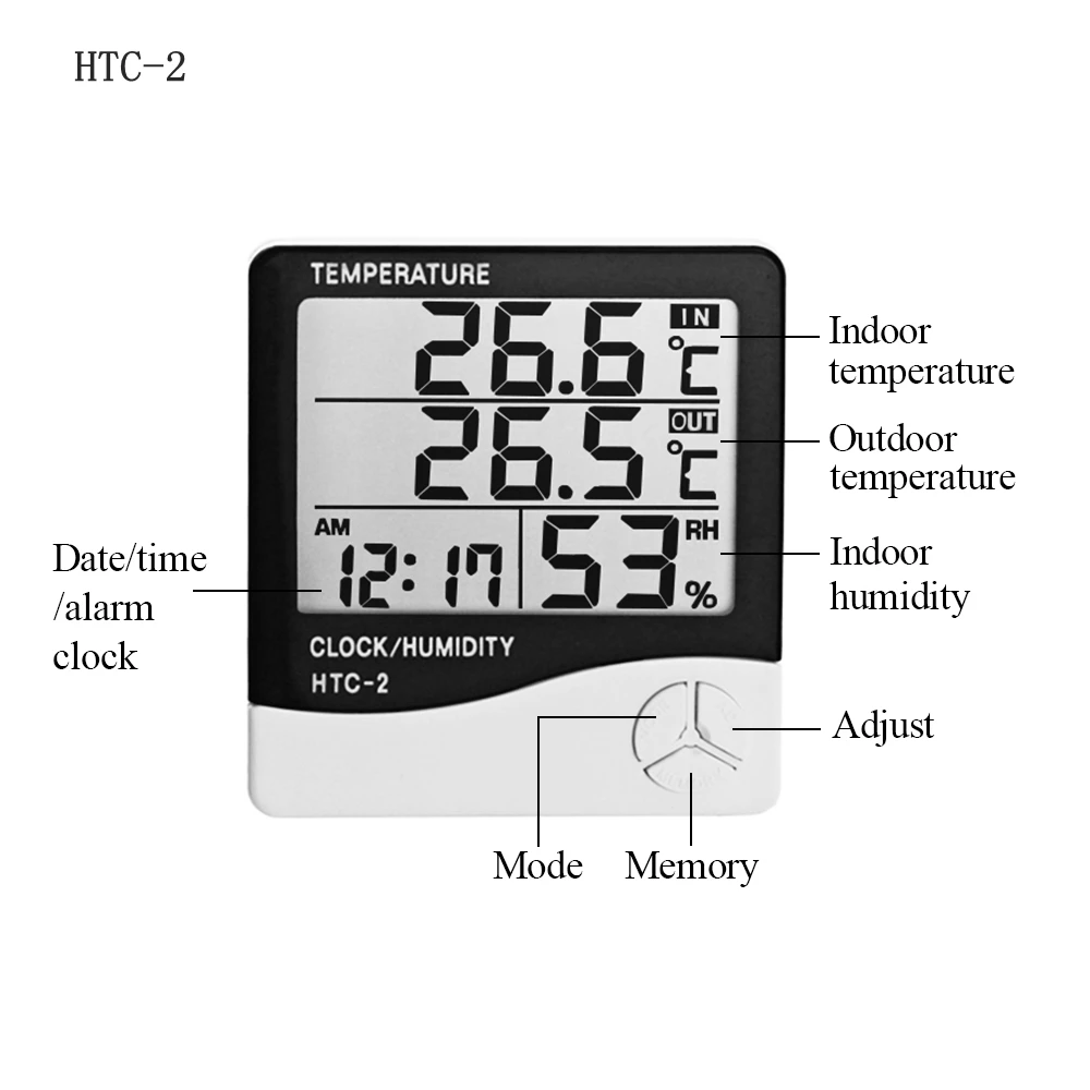 Termómetro Digital LCD, higrómetro, estación meteorológica para el hogar, interior y exterior, medidor de humedad y temperatura C/F con reloj despertador